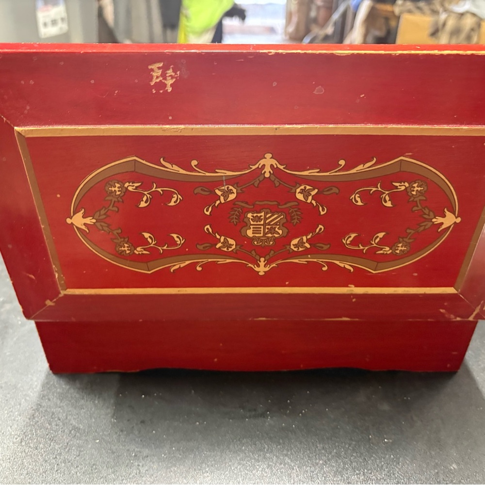 Red Decorative Painted Wooden Box with music box that has problems
